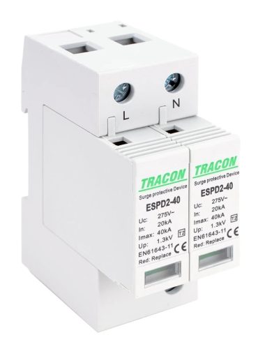 Tracon ESPD2-40-2P, T2 AC típusú túlfeszültség levezető, cserélhető betéttel Uc:275V; In:20kA; Imax:40kA; Up:1,3kV; 2P