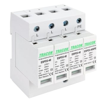   Tracon ESPD2-40-3+1P, T2 AC típusú túlfeszültség levezető, cserélhető betéttel Uc:275/255V; In:20kA; Imax:40kA; Up:1,3/1,5kV; 3+1P