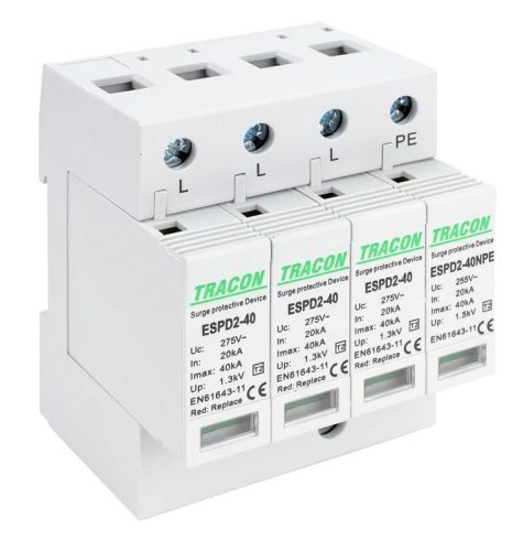 Tracon ESPD2-40-3+1P, T2 AC típusú túlfeszültség levezető, cserélhető betéttel Uc:275/255V; In:20kA; Imax:40kA; Up:1,3/1,5kV; 3+1P