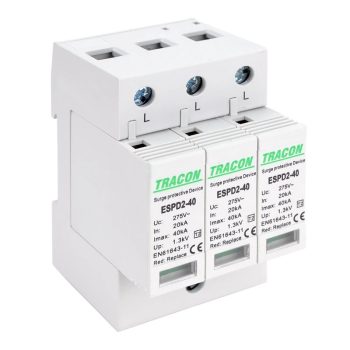   Tracon ESPD2-40-3P, T2 AC típusú túlfeszültség levezető, cserélhető betéttel Uc:275V; In:20kA; Imax:40kA; Up:1,3kV; 3P
