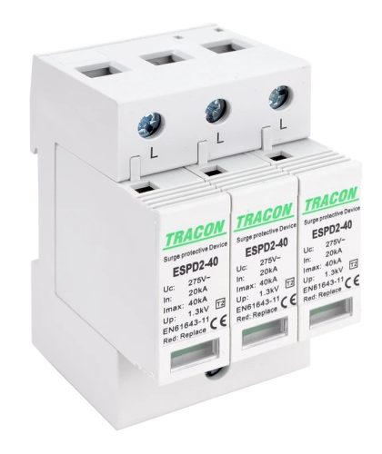 Tracon ESPD2-40-3P, T2 AC típusú túlfeszültség levezető, cserélhető betéttel Uc:275V; In:20kA; Imax:40kA; Up:1,3kV; 3P