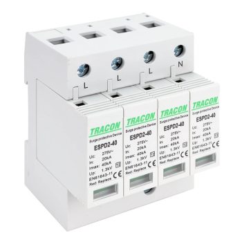   Tracon ESPD2-40-4P, T2 AC típusú túlfeszültség levezető, cserélhető betéttel Uc:275V; In:20kA; Imax:40kA; Up:1,3kV; 4P