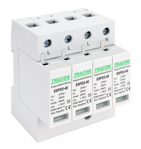 Tracon ESPD2-40-4P, T2 AC típusú túlfeszültség levezető, cserélhető betéttel Uc:275V; In:20kA; Imax:40kA; Up:1,3kV; 4P
