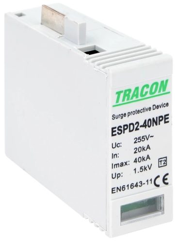 Tracon ESPD2-40NPE, T2 AC típusú túlfeszültség levezető betét 40 NPE Uc:275/255V; In:20kA; Imax:40kA; Up:1,3/1,5kV