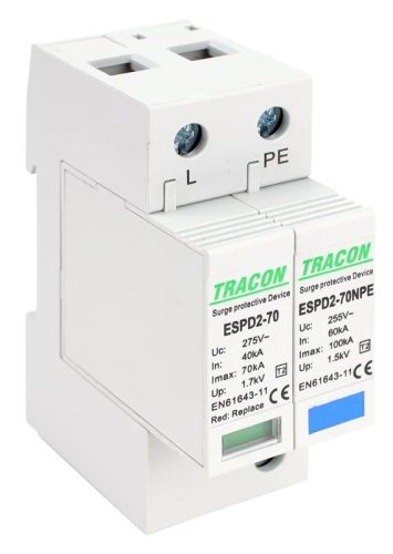 Tracon ESPD2-70-1+1P, T2 AC típusú túlfeszültség levezető, cserélhető betéttel Uc:275/255V; In:40kA; Imax:70kA; Up:1,7/1,5kV; 1+1P