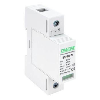   Tracon ESPD2-70-1P, T2 AC típusú túlfeszültség levezető, cserélhető betéttel Uc:275V; In:40kA; Imax:70kA; Up:1,7kV; 1P