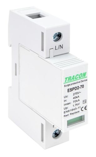 Tracon ESPD2-70-1P, T2 AC típusú túlfeszültség levezető, cserélhető betéttel Uc:275V; In:40kA; Imax:70kA; Up:1,7kV; 1P