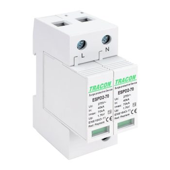   Tracon ESPD2-70-2P, T2 AC típusú túlfeszültség levezető, cserélhető betéttel Uc:275V; In:40kA; Imax:70kA; Up:1,7kV; 2P