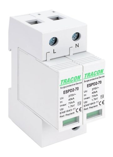 Tracon ESPD2-70-2P, T2 AC típusú túlfeszültség levezető, cserélhető betéttel Uc:275V; In:40kA; Imax:70kA; Up:1,7kV; 2P