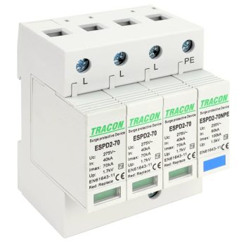   Tracon ESPD2-70-3+1P, T2 AC típusú túlfeszültség levezető, cserélhető betéttel Uc:275/255V; In:40kA; Imax:70kA; Up:1,7/1,5kV; 3+1P