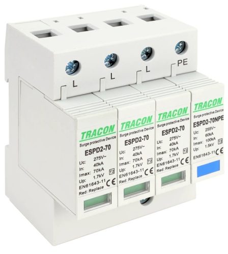 Tracon ESPD2-70-3+1P, T2 AC típusú túlfeszültség levezető, cserélhető betéttel Uc:275/255V; In:40kA; Imax:70kA; Up:1,7/1,5kV; 3+1P