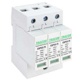   Tracon ESPD2-70-3P, T2 AC típusú túlfeszültség levezető, cserélhető betéttel Uc:275V; In:40kA; Imax:70kA; Up:1,7kV; 3P