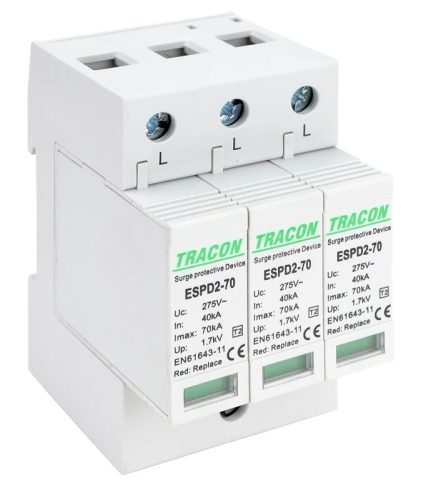 Tracon ESPD2-70-3P, T2 AC típusú túlfeszültség levezető, cserélhető betéttel Uc:275V; In:40kA; Imax:70kA; Up:1,7kV; 3P