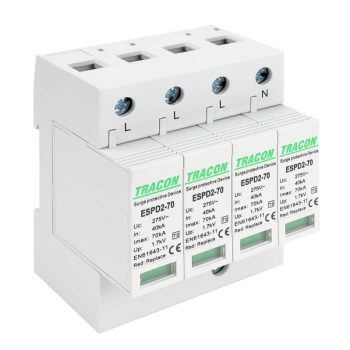   Tracon ESPD2-70-4P, T2 AC típusú túlfeszültség levezető, cserélhető betéttel Uc:275V; In:40kA; Imax:70kA; Up:1,7kV; 4P