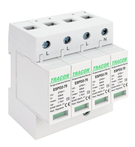 Tracon ESPD2-70-4P, T2 AC típusú túlfeszültség levezető, cserélhető betéttel Uc:275V; In:40kA; Imax:70kA; Up:1,7kV; 4P
