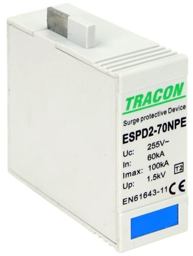 Tracon ESPD2-70NPE, T2 AC típusú túlfeszültség levezető betét 70 NPE Uc:275/255V; In:40kA; Imax:70kA; Up:1,7/1,5kV