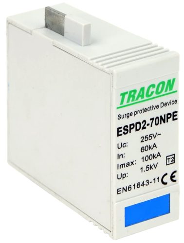 Tracon ESPD2-70NPEO T2 AC típusú túlfeszültség levezető betét 70 NPE Uc:275/255V, In:40kA, Imax:70kA, Up:1,7/1,5kV