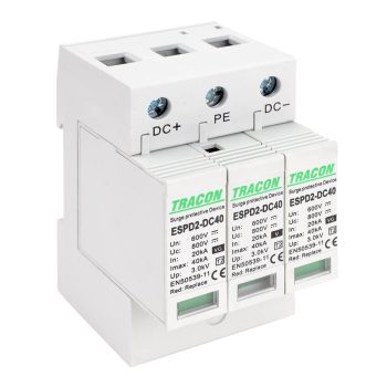   Tracon ESPD2-DC40-600, T2 DC típusú túlfeszültség levezető, cserélhető betéttel Ucpv: 800V; In:20kA; Imax:40kA; Up:2,6kV