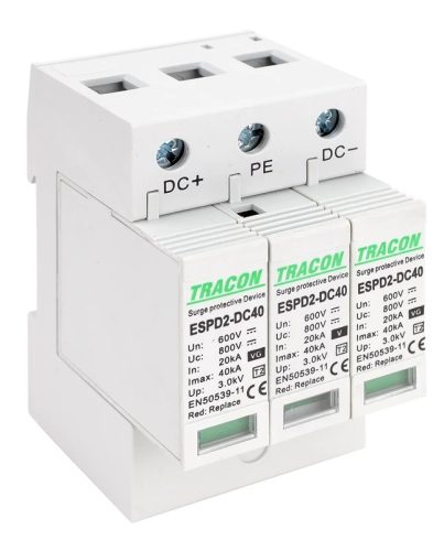 Tracon ESPD2-DC40-600, T2 DC típusú túlfeszültség levezető, cserélhető betéttel Ucpv: 800V; In:20kA; Imax:40kA; Up:2,6kV