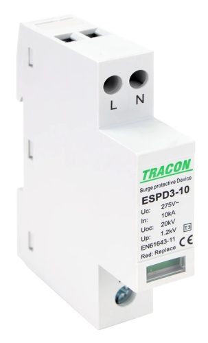 Tracon ESPD3-10-2P, T3 AC típusú túlfeszültség levezető, egybeépített Uc:275V; In:10kA; Uoc:20kV; Up:1,2kV; 2P