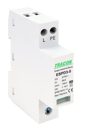 Tracon ESPD3-5-1+1P, T3 AC típusú túlfeszültség levezető, egybeépített Uc:275V; In:5kA; Uoc:10kV; Up:1,2kV; 1+1P