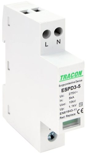 Tracon ESPD3-5-2P, T3 AC típusú túlfeszültség levezető, egybeépített Uc:275V; In:5kA; Uoc:10kV; Up:1,2kV; 2P