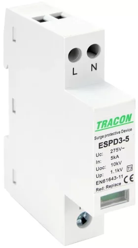Tracon ESPD3-5-2P, T3 AC típusú túlfeszültség levezető, egybeépített Uc:275V; In:5kA; Uoc:10kV; Up:1,2kV; 2P