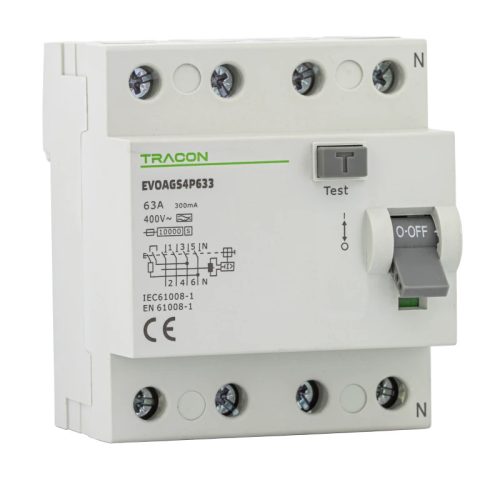 Tracon EVOAGS4P631 Áram-védőkapcsoló, 4 pólusú 63A, 100mA, 10kA, A/S