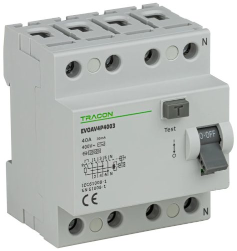 Tracon EVOAV4P2503 Áram-védőkapcsoló, 4 pólusú 25A, 30mA, 10kA, AC
