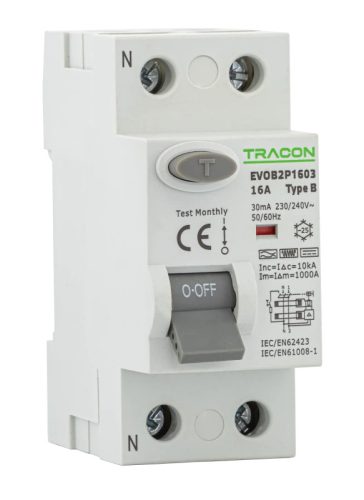 Tracon EVOB2P2503 Áram-védőkapcsoló, 2 pólusú 25A, 30mA, 10kA, B