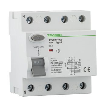   Tracon EVOB4P4003 Áram-védőkapcsoló, 4 pólusú 40A, 30mA, 10kA, B