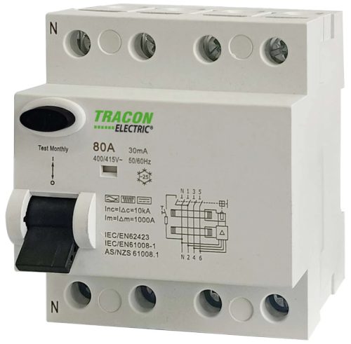 Tracon EVOB4P8003 Áram-védőkapcsoló, 4 pólusú 80A, 30mA, 10kA, B