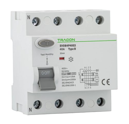 Tracon EVOB4P8003 Áram-védőkapcsoló, 4 pólusú 80A, 30mA, 10kA, B