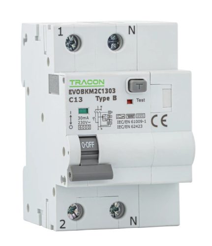 Tracon EVOBKM2B1303 Kombinált védőkapcsoló, 2P, 3modul, B karakterisztika B13A, 30 mA, 6kA, B