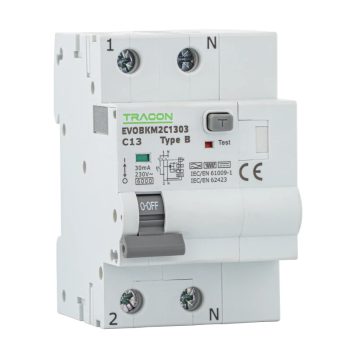   Tracon EVOBKM2C2503 Kombinált védőkapcsoló, 2P, 3modul, C karakterisztika C25A, 30 mA, 6kA, B