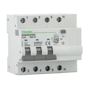   Tracon EVOBKM4B1603 Kombinált védőkapcsoló, 4P, 5modul, B karakterisztika B16A, 30 mA, 6kA, B