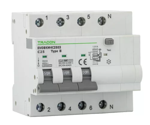 Tracon EVOBKM4B2503 kombinált védőkapcsoló FI-LS B típus 4P B 25A 30mA