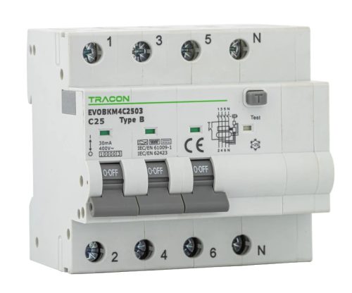 Tracon EVOBKM4C2003 Kombinált védőkapcsoló, 4P, 5modul, C karakterisztika C20A, 30 mA, 6kA, C