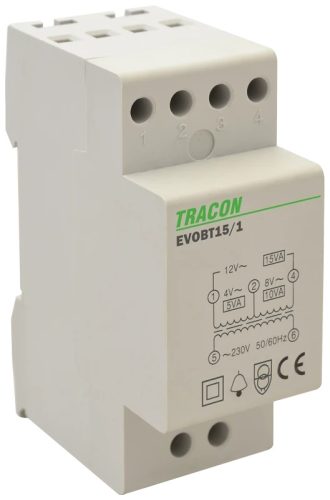 Tracon EVOBT15/1, Biztonsági (csengő) transzformátor 230V/4-8-12V AC, Psmax.:15VA, Is:1,15A