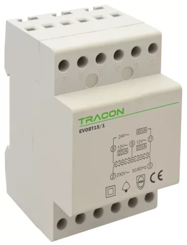 Tracon EVOBT15/1, Biztonsági (csengő) transzformátor 230V/4-8-12V AC, Psmax.:15VA, Is:1,15A