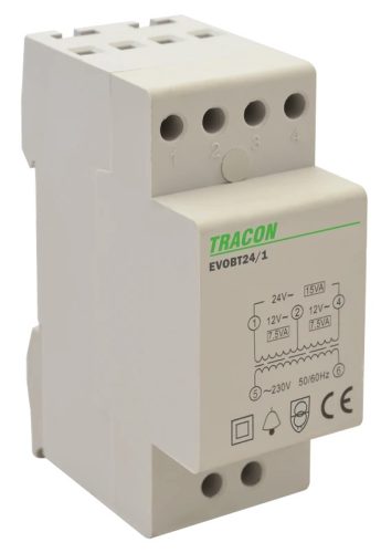 Tracon EVOBT24/1, Biztonsági (csengő) transzformátor 230V/12-24V AC, Psmax.:15VA, Is:0,62A