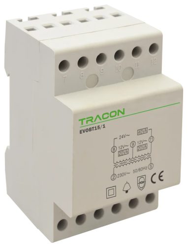 Tracon EVOBT24/1, Biztonsági (csengő) transzformátor 230V/12-24V AC, Psmax.:15VA, Is:0,62A