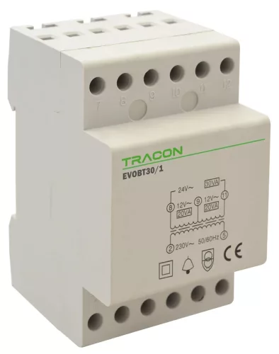 Tracon EVOBT30/1, Biztonsági (csengő) transzformátor 230V/12-12-24V AC, Psmax.:30VA, Is:1,55A