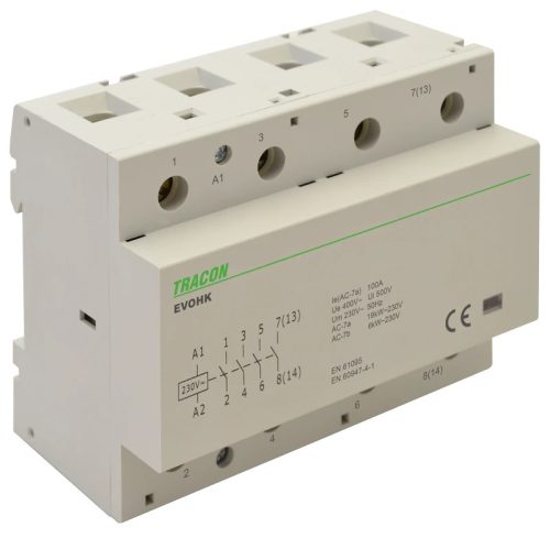 Tracon EVOHK4-100, Installációs kontaktor 230V, 50Hz, 4 Mod, 4×NO, AC1/AC7a, 100A,