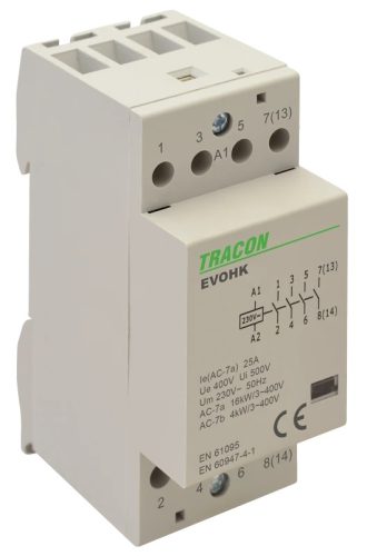 Tracon EVOHK4-25-24, Installációs kontaktor 24V, 50Hz, 2 Mod, 4×NO, AC1/AC7a, 25A,