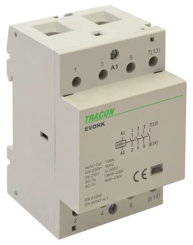 Tracon EVOHK4-40, Installációs kontaktor 230V, 50Hz, 3 Mod, 4×NO, AC1/AC7a, 40A,