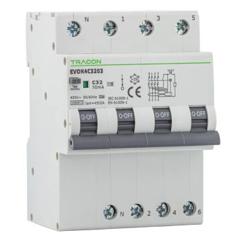  Tracon EVOK4B1603 Kombinált védőkapcsoló, 4P, 4modul, B karakterisztika B16A, 30 mA, 10kA, A