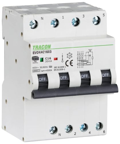 Tracon EVOK4C1003 Kombinált védőkapcsoló, 4P, 4modul, C karakterisztika C10A, 30 mA, 10kA, A