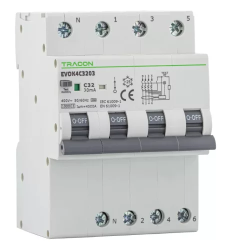Tracon EVOK4C2003 kombinált védőkapcsoló FI-LS A 4P C 20A 30mA