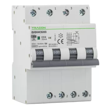Tracon EVOK4D2003 kombinált védőkapcsoló FI-LS A 4P D 20A 30mA
